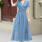 Blue fit and flare prom summer chiffon dress 5206