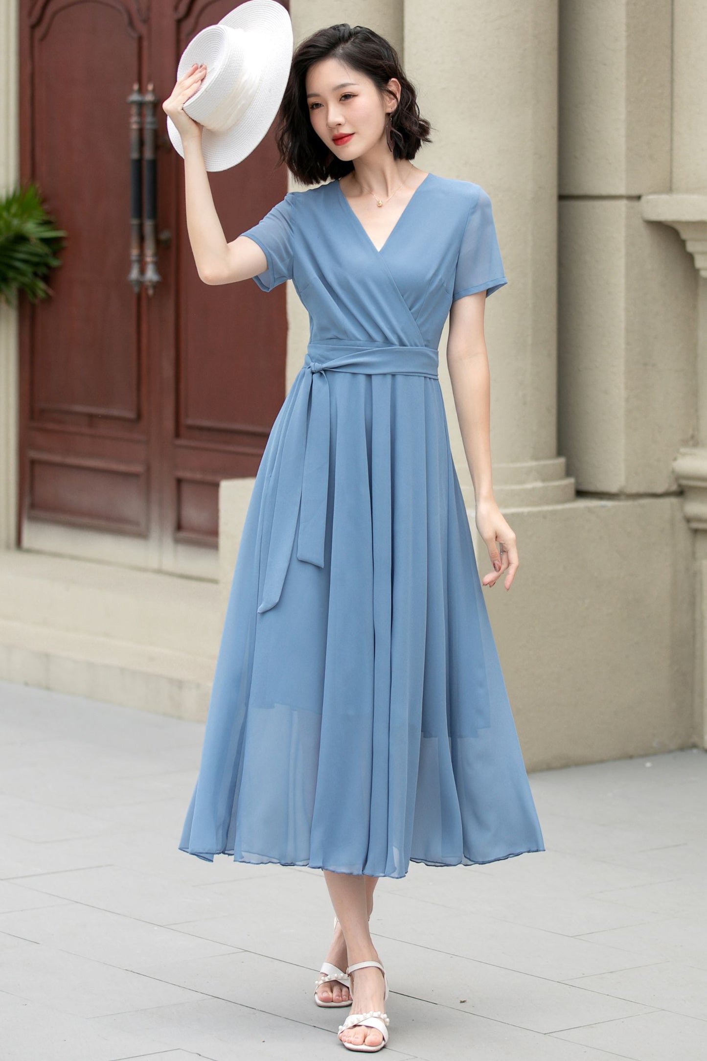 Blue fit and flare prom summer chiffon dress 5206