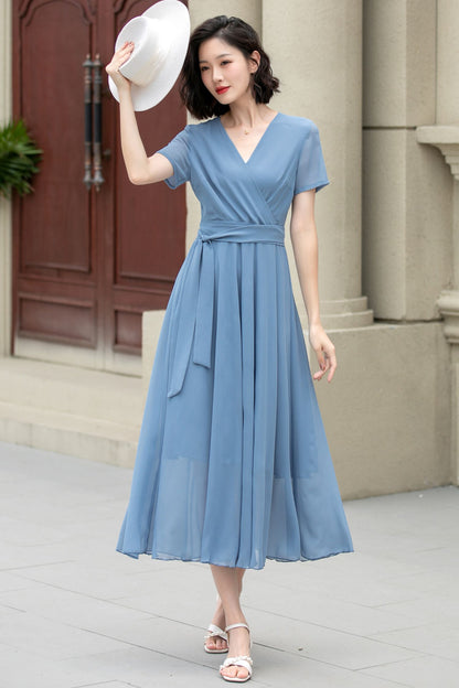 Light Blue Chiffon Dress – Fit & Flare Summer Swing Midi | Xiaolizi 5206