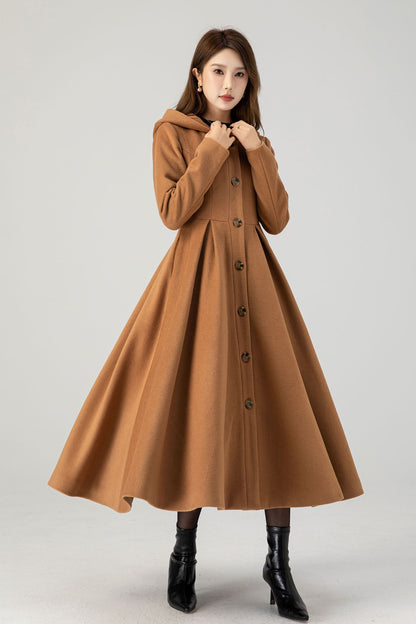 Camel Wool Hooded Coat – Vintage Fit and Flare Long Winter Overcoat 4606