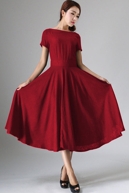 Xiaolizi Red Linen Midi Dress – Vintage Boat Neck Fit and Flare Dress 6284