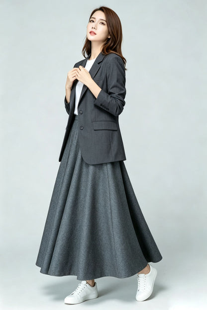 Grey Wool Blend Maxi Swing Skirt-High Waist Pleated Long Skrit 7012