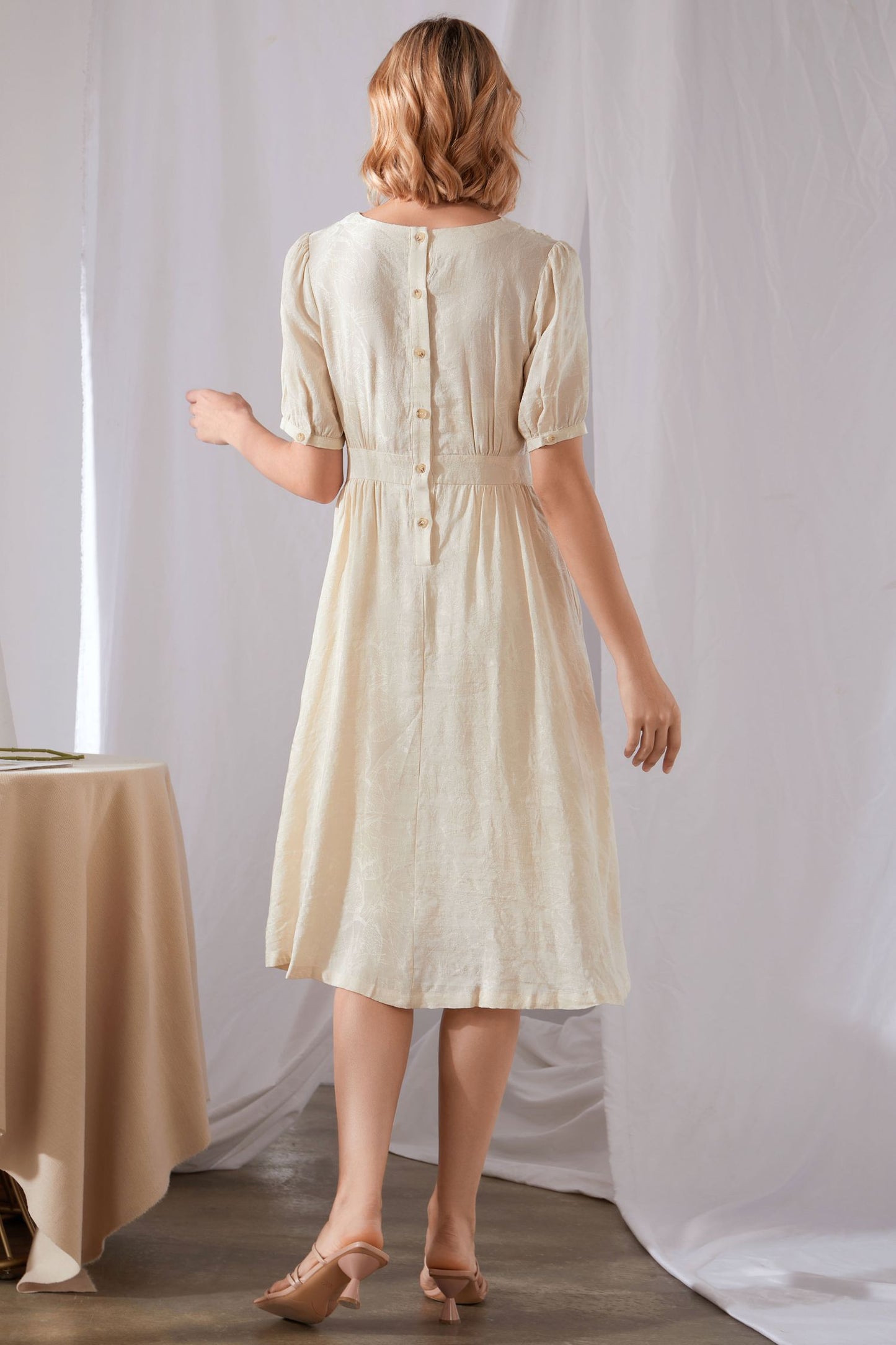 Pleated summer midi swing linen dresses 3461