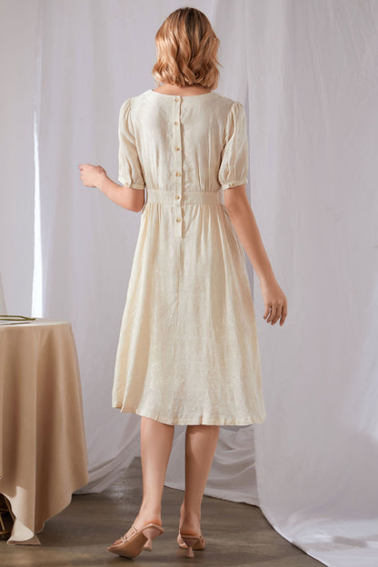 Beige Linen Midi Dress - Pleated Swing with Puff Sleeves 3461