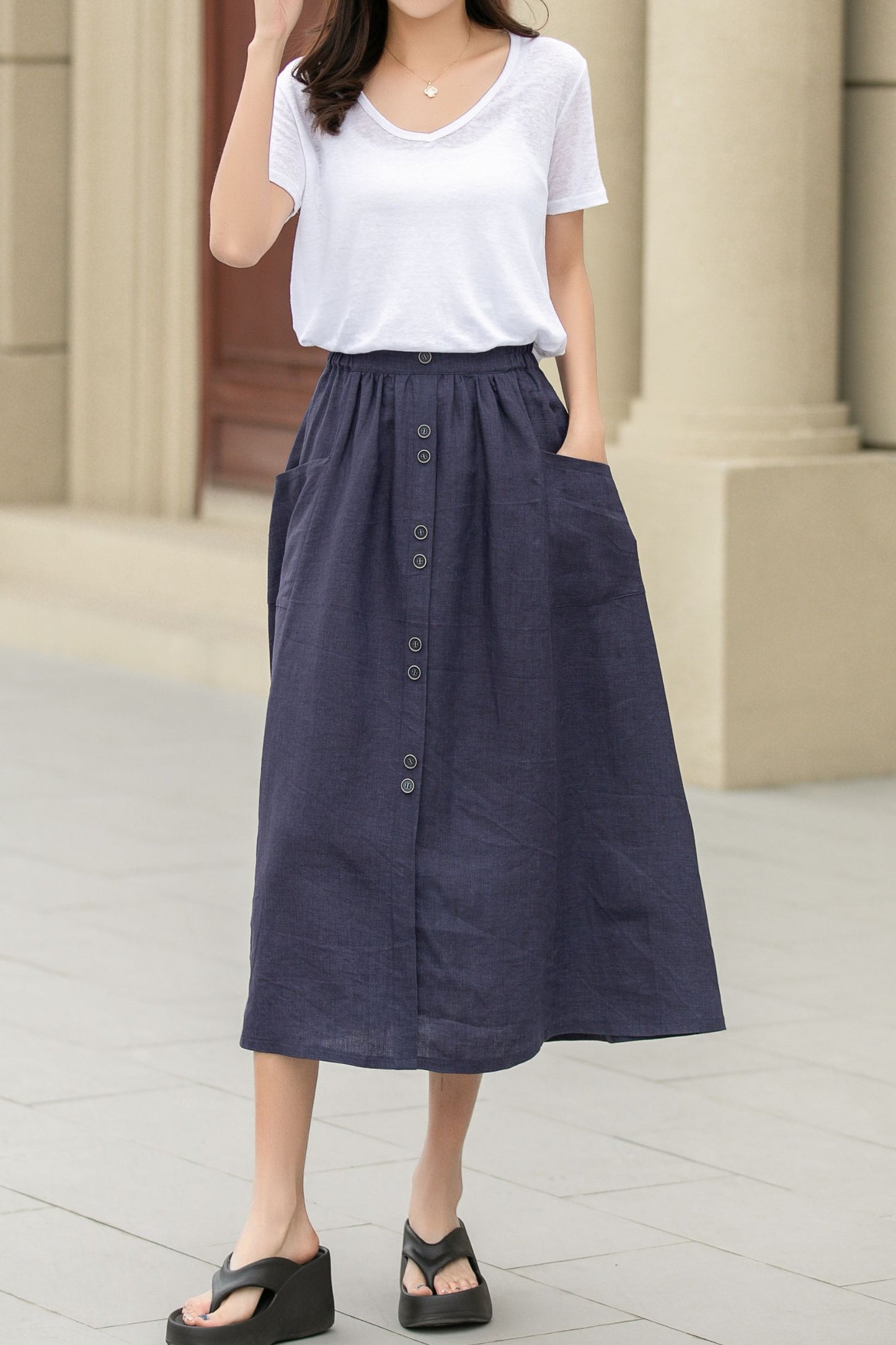 Button up midi summer linen skirt 4944