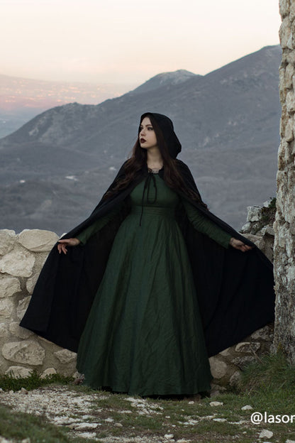 Army Green Linen Maxi Dress - Fitted Waist with Pockets 3463