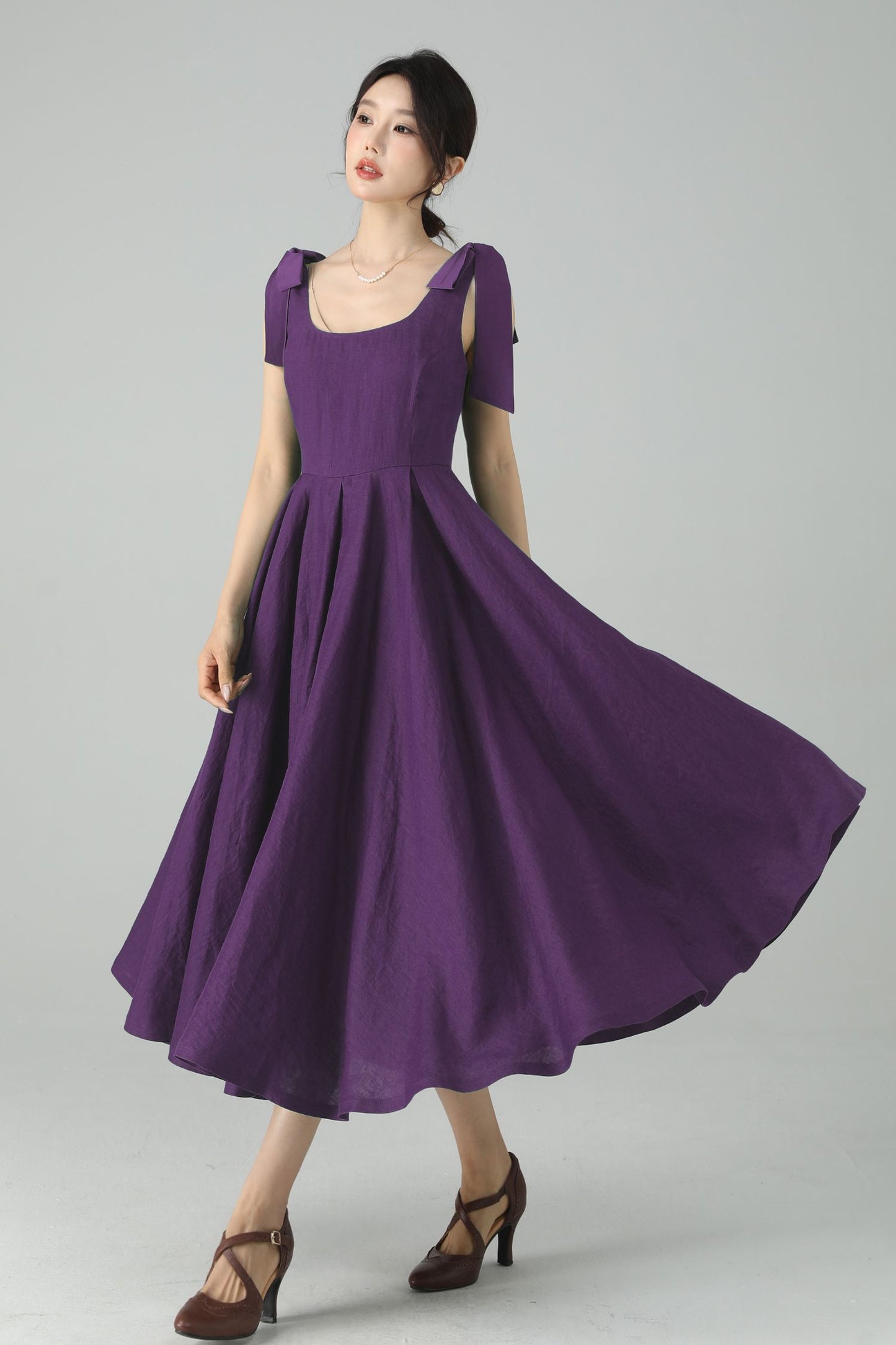 Purple Linen Midi Dress – Handmade Square Neck Fit-and-Flare Dress 6675