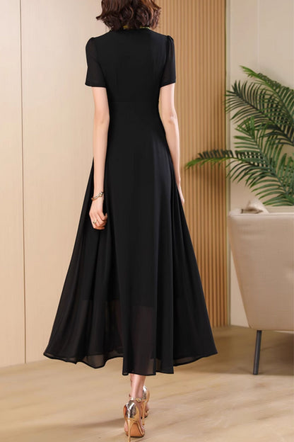 Black Chiffon Midi Dress - Lapel Collar with Floral Contrast 4994