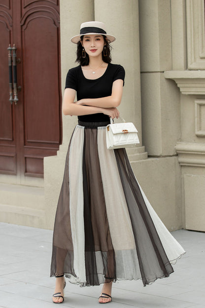 Black and Beige Chiffon Maxi Skirt - Bohemian A-Line Swing 5106