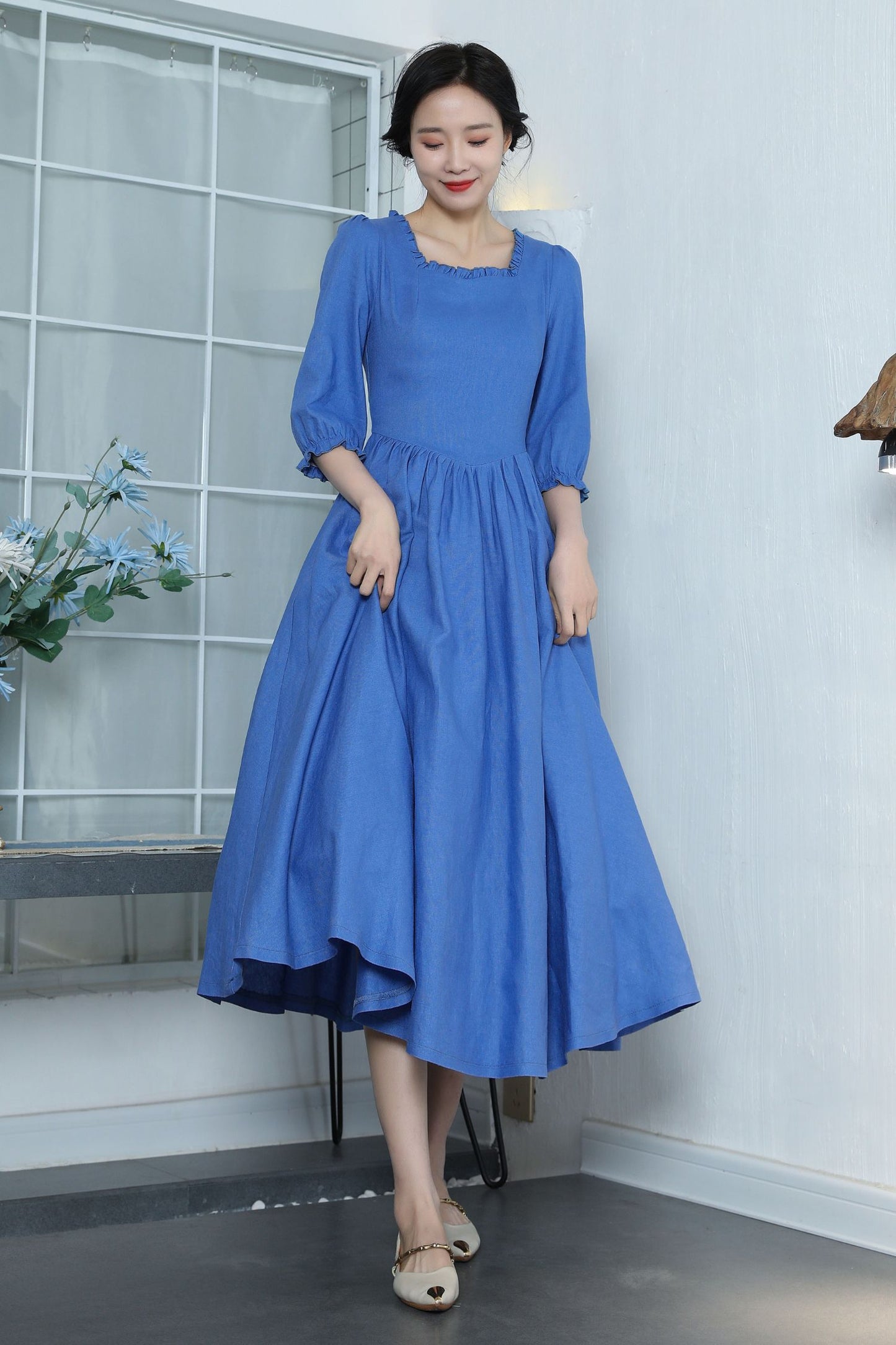 Spring women's Blue Linen Cottagecore Dress 3362