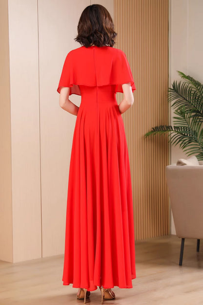 Red Chiffon Maxi Dress - V-Neck Flowy Silhouette 5048