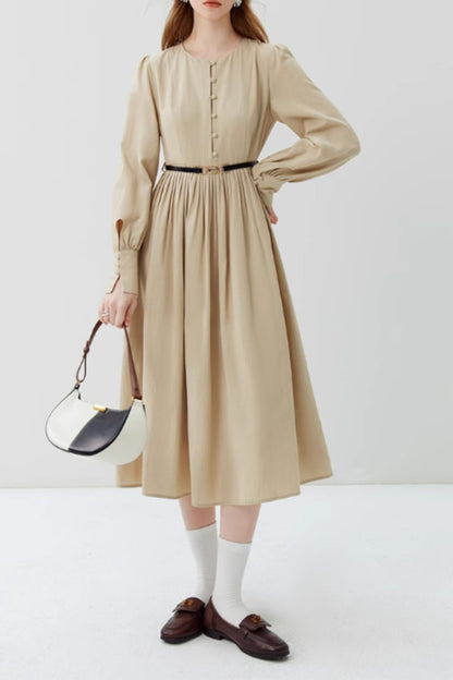 Beige Cotton Blend Midi Dress - Vintage-Inspired Long Sleeves 4816