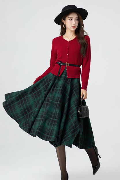 Handmade Wool Plaid Circle Skirt – Vintage High Waist Winter Midi Skirt | Xiaolizi 5319