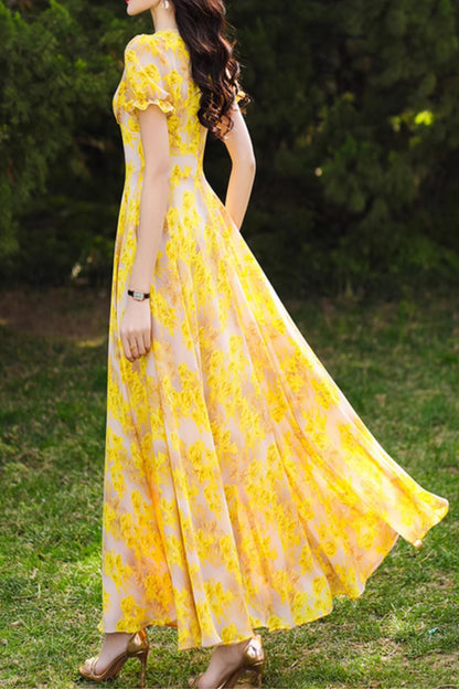Yellow Floral Chiffon Maxi Dress - Romantic V-Neck, Fitted Waist 5093