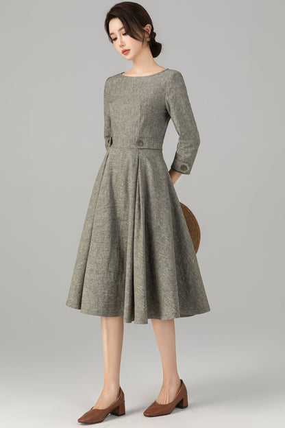 Army Green Linen Cotton Midi Dress - Vintage A-Line Silhouette 5706