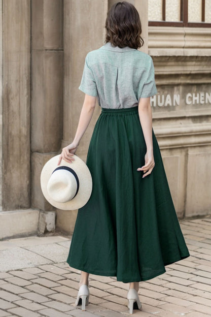 Green Linen Wrap Maxi Skirt - A-Line Flowy Silhouette 5748