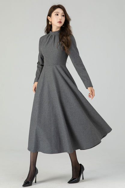 Retro gray swing wool dress 4549