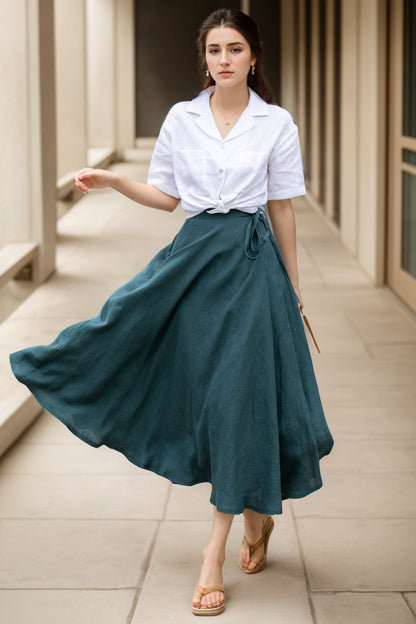 Green Linen Wrap Midi Skirt - Flowing Swing Silhouette 5137