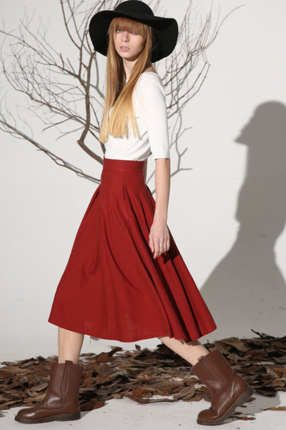 Rust Linen Cotton A-Line Midi Skirt - Pleated Waist Detail 1155