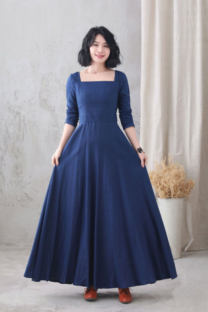 Navy Linen Maxi Dress - Fitted Waist with Square Neckline 3329