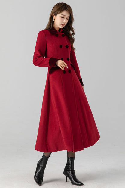 Handmade Vintage Red Wool Coat – A-Line Double Breasted Winter | Xiaolizi 4671