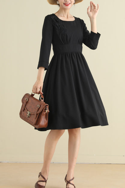 Vintage inspired little black linen dress women 2794