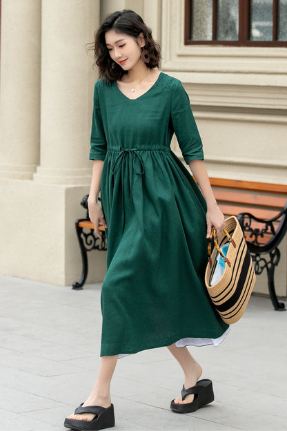 Green midi linen dress with drawstring waist 4969