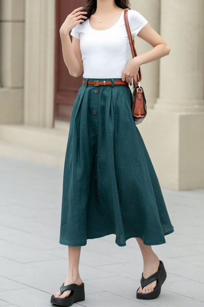 Dark Green Linen Midi Skirt - A-Line with Button Detail 4970
