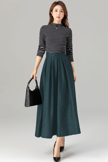 Dark Green Linen Midi Skirt - Pleated A-Line with Pockets 5724