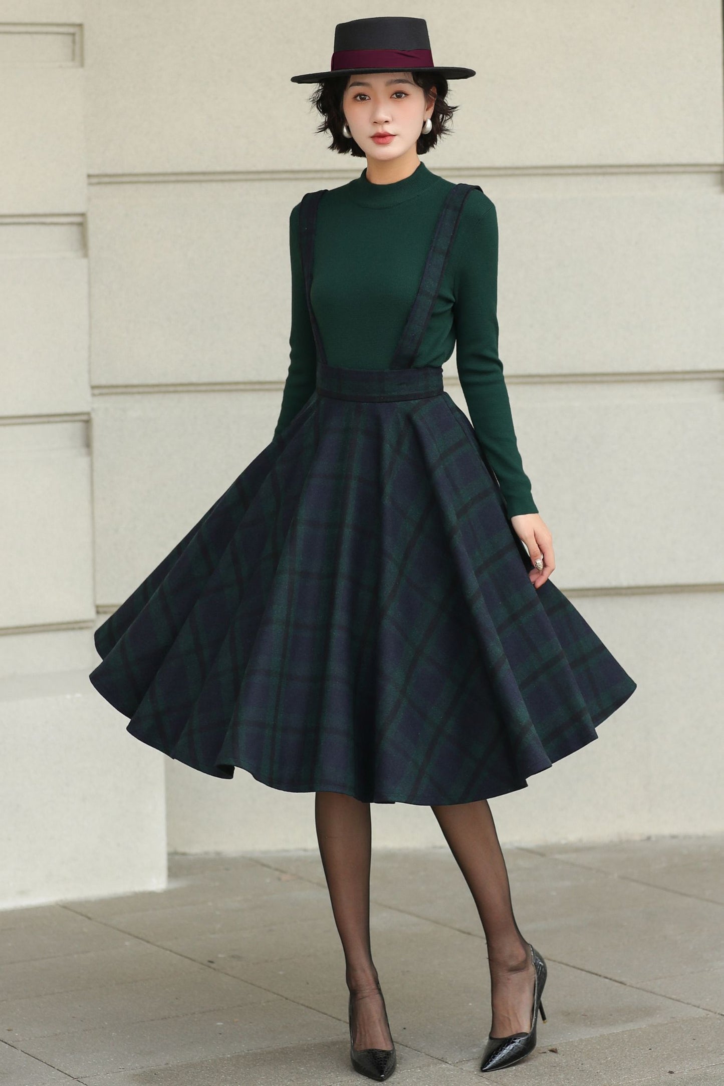 Knee length plaid winter wool skirt 6511