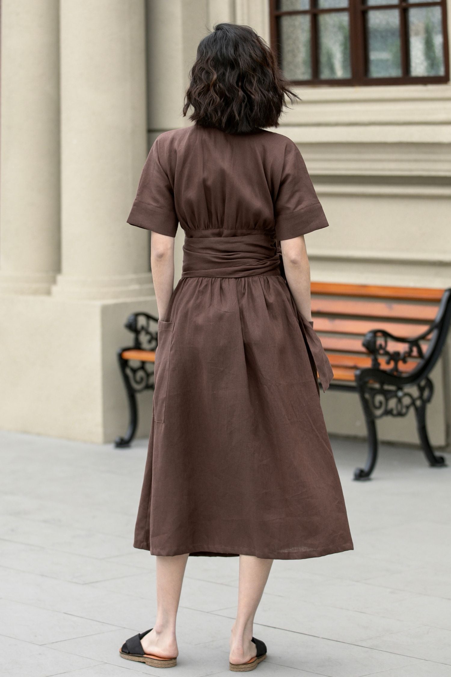 Fit and flare brown midi linen dress 4957 - brown / XS Fit and flare brown midi linen dress 4957 - brown / XS