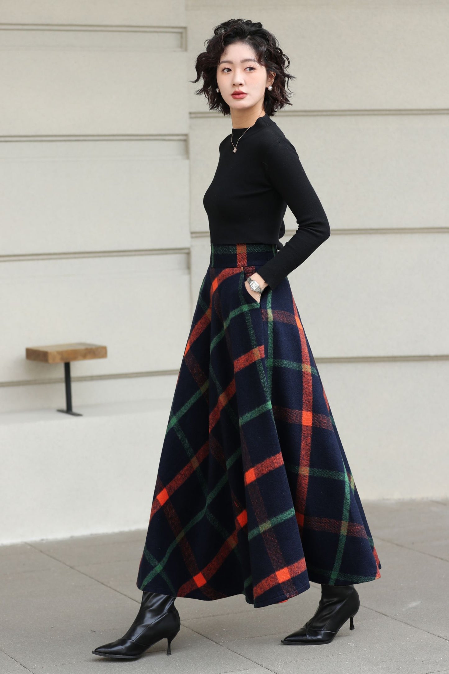 Xiaolizi Plaid Wool Maxi Skirt for Women – Handmade A-Line Winter Swing Skirt 6619