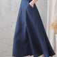 Dark Blue High Waist A Line Elastic Waist Linen Skirt 3339