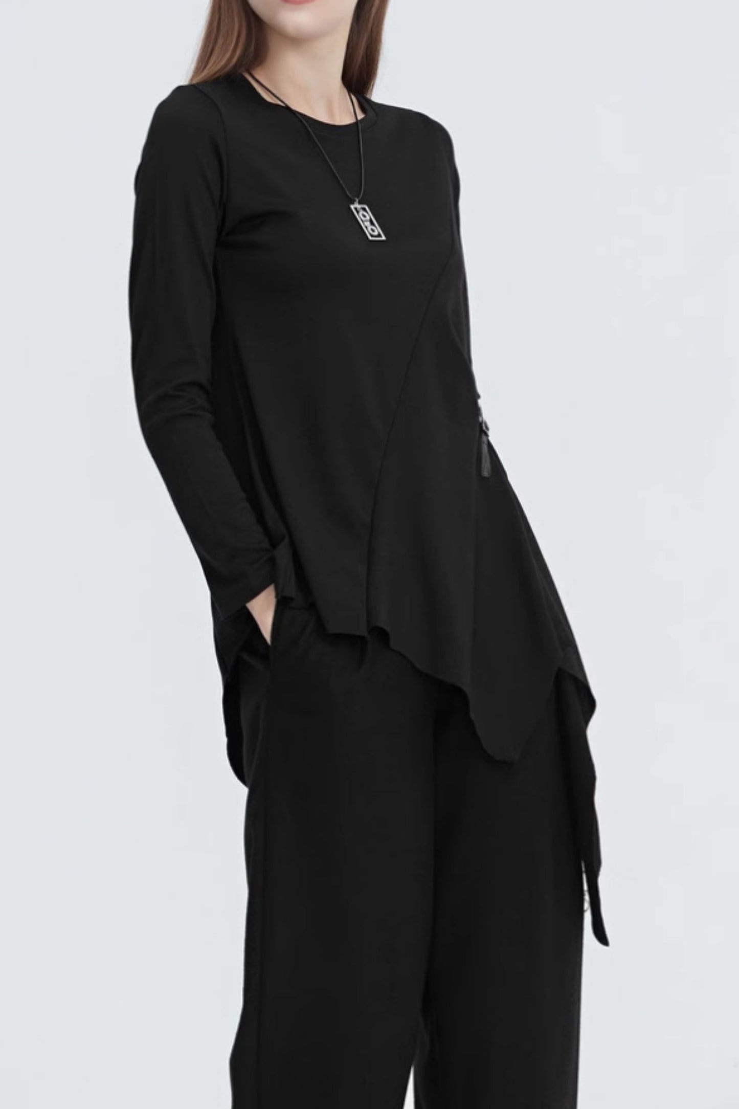 Asymmetrical black long sleeves top 5596