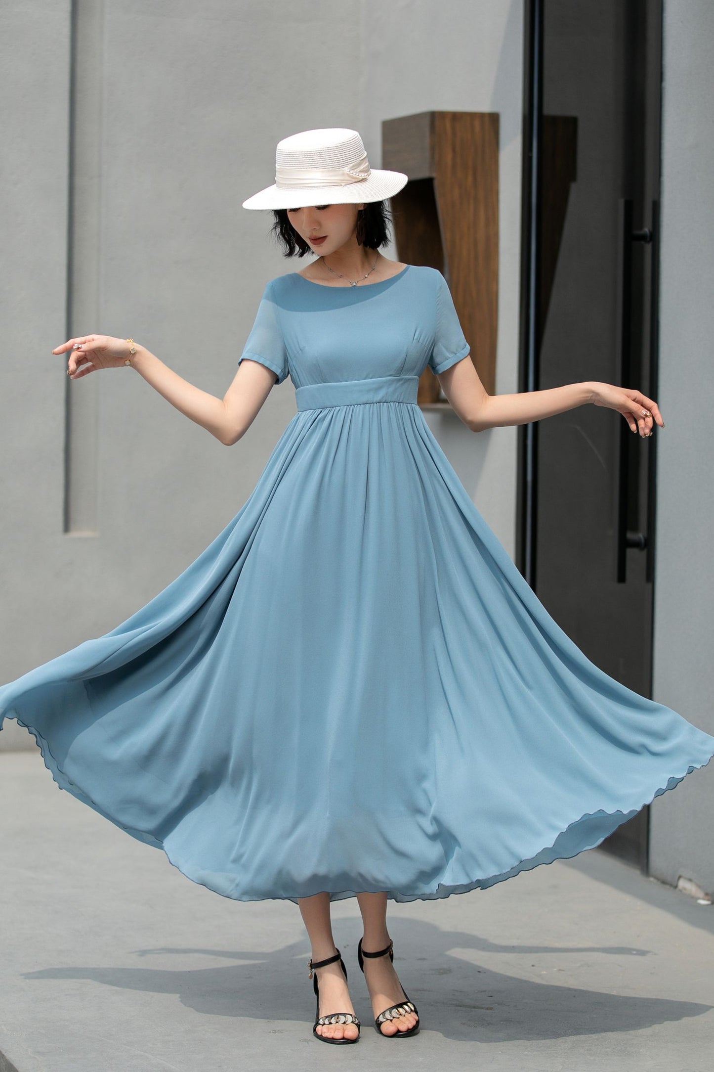 Hight waist Blue chiffon maxi dress 5862