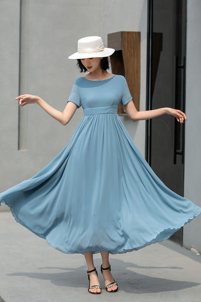 Hight waist Blue chiffon maxi dress 5862