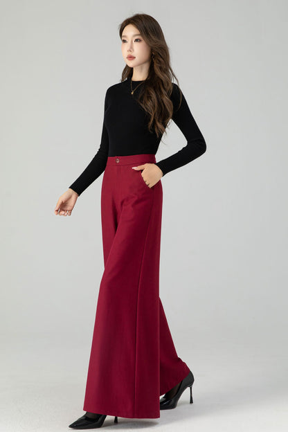 High waist burgundy wide leg long wool pants 4553
