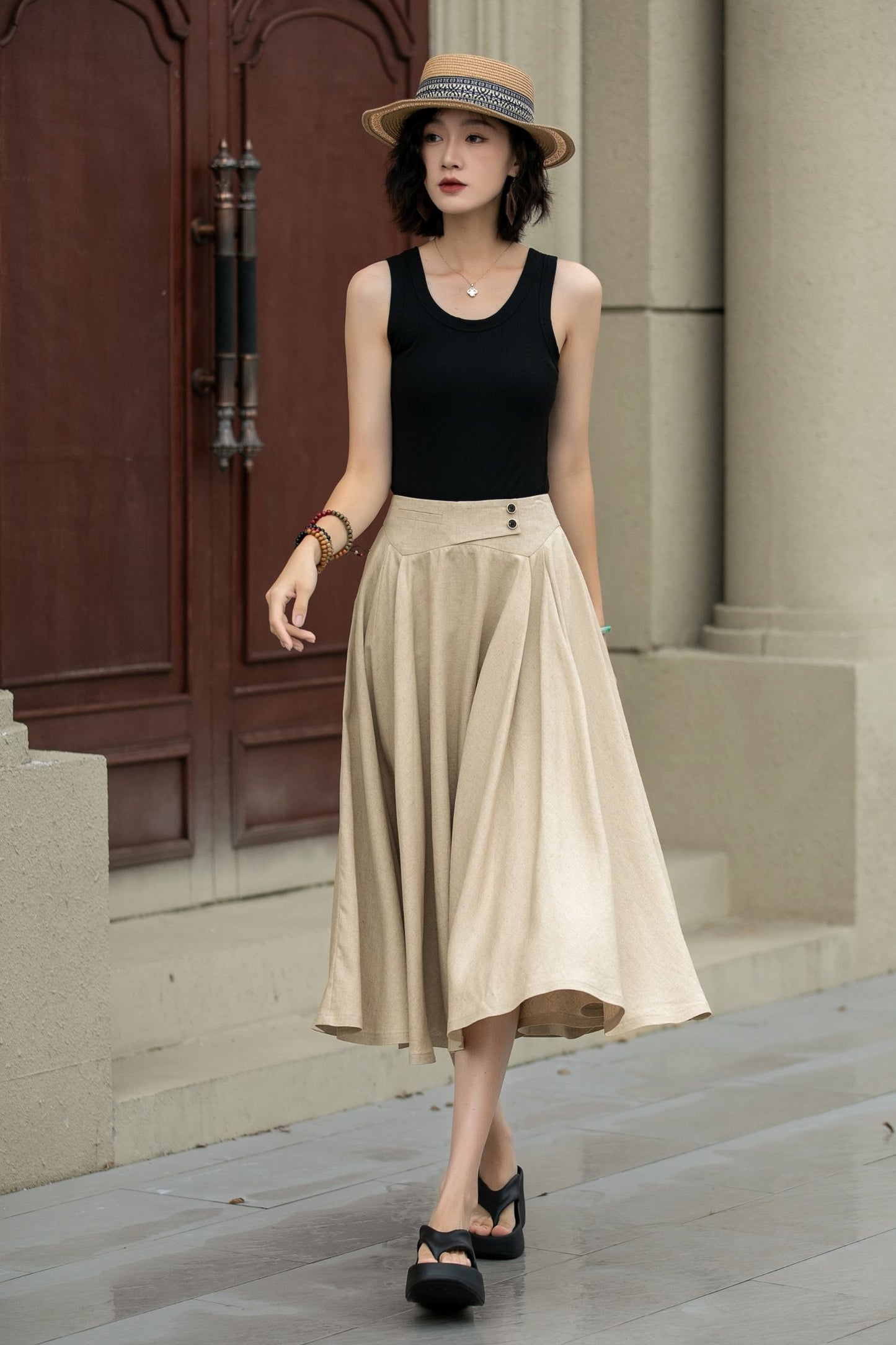 Swing midi summer linen skirt women 5238