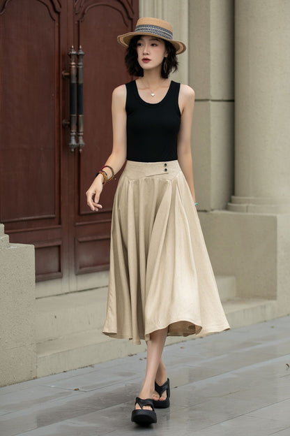 Handmade Linen Swing Skirt – High Waist Pleated Midi Skirt for Spring Summer 5238