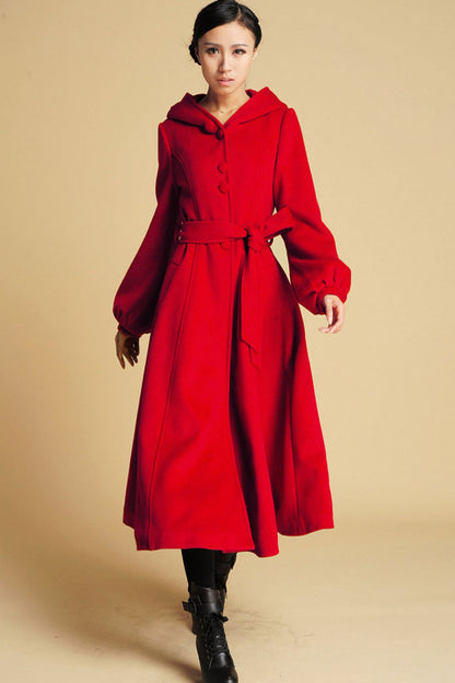 Red Wool Hooded Swing Coat – Vintage Fit & Flare Winter Overcoat with Belt 0394