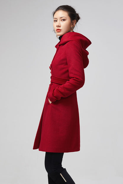 Red Wool Coat - Hooded Double Breasted Tie Waist 5612