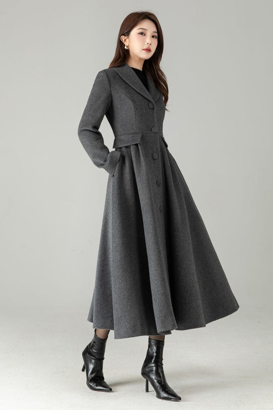 Gray Wool Maxi Coat – Single-Breasted Fit & Flare Long Winter Coat | Xiaolizi 6571