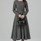 Handmade Dark Gray Wool Midi Dress – Long Sleeve Fit and Flare | Xiaolizi 6390