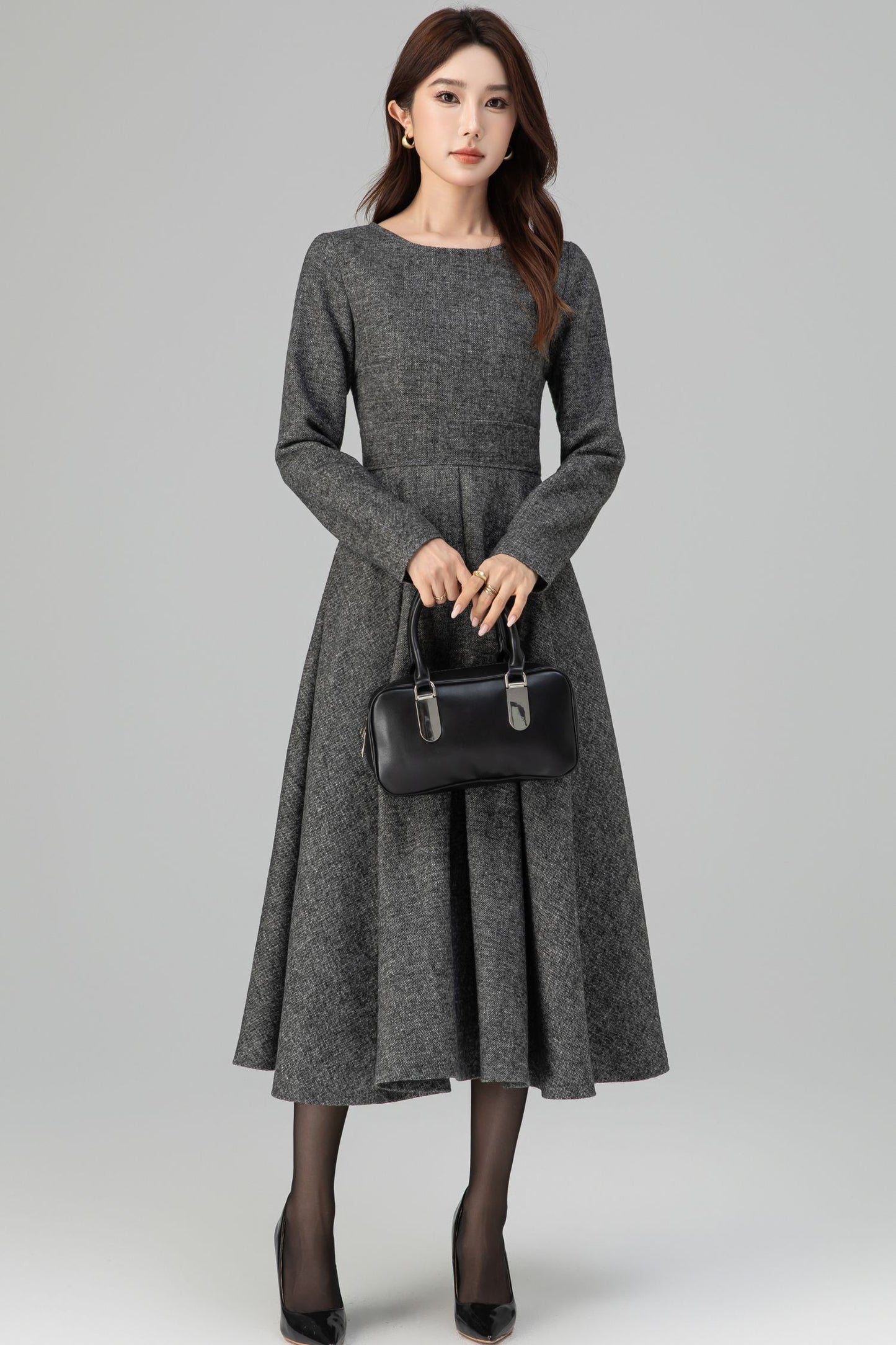 Handmade Dark Gray Wool Midi Dress – Long Sleeve Fit and Flare | Xiaolizi 6390