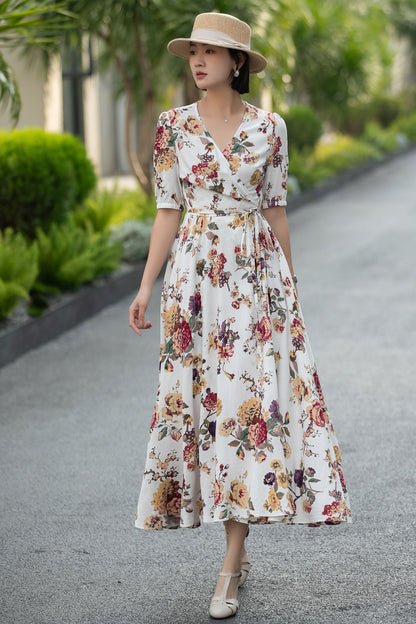 Floral Linen Cotton Wrap Midi Dress – Vintage V-Neck Summer Dress 6667