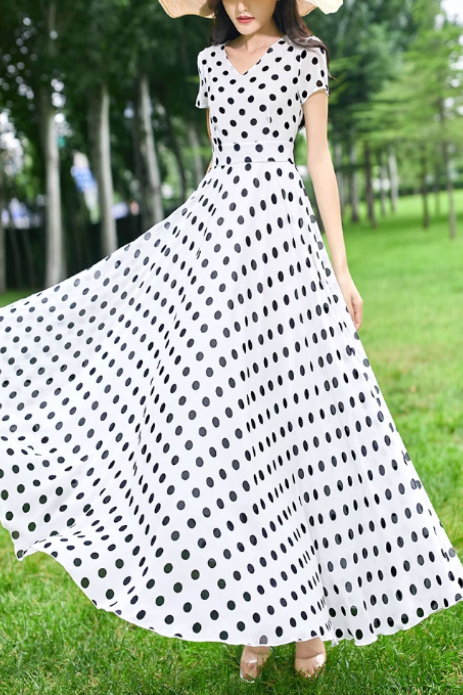 Black and White Chiffon Maxi Dress - Polka Dot, V-Neck, Flowy Silhouette 5158