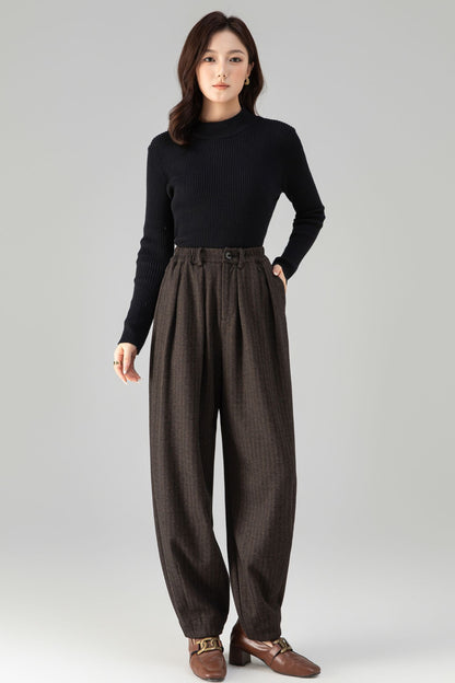 Brown Wool Wide Leg Pants - Loose Fit, Warm Winter Style 6462