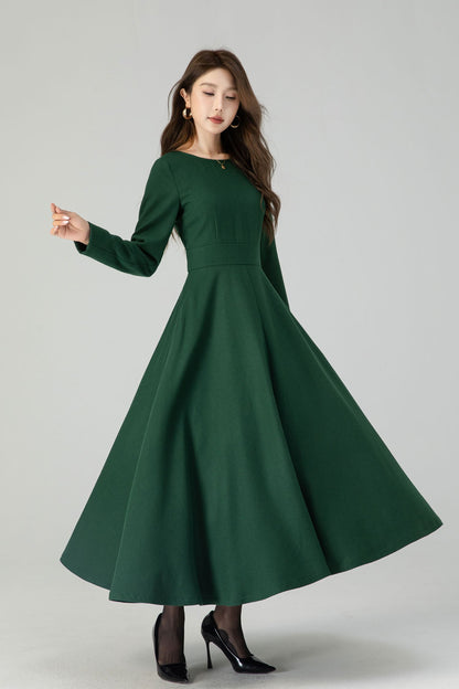 Green Wool Maxi Dress – Women’s Long Sleeve Winter Fit and Flare Green / Xs