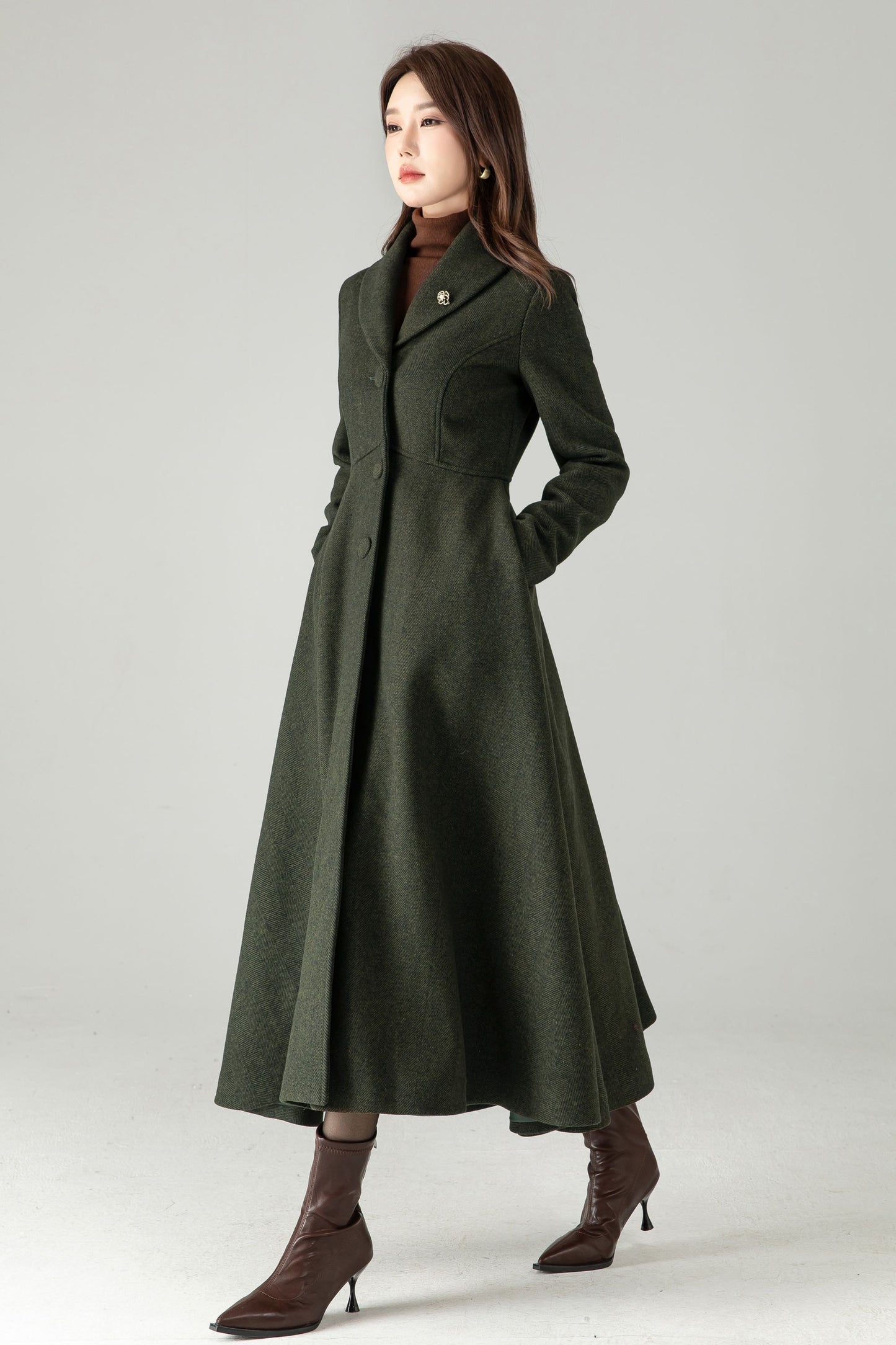 Army Green Herringbone Wool Coat – Elegant A-Line Maxi Winter Coat | Xiaolizi 6574
