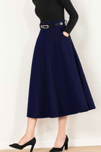Navy Wool A-Line Maxi Skirt - Side Pockets, Zipper Closure 5234